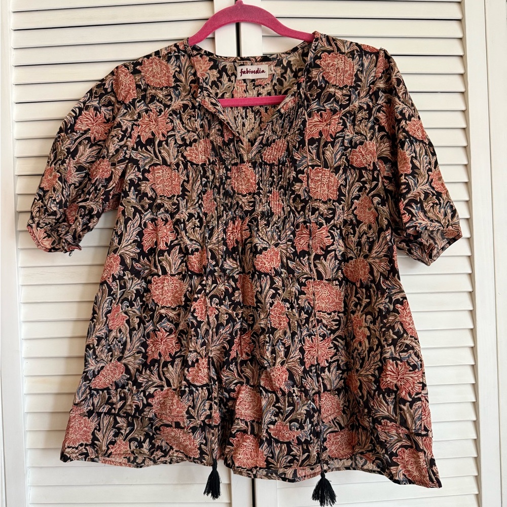 William Morris-esque Floral Black and Coral Tunic